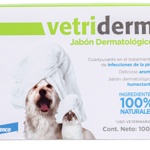 Vetriderm Jabón Dermatológico para Perro y Gato, con ingredientes naturales activos contenidos que se liberan en el momento requerido.