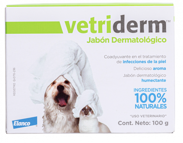 Vetriderm Jabón Dermatológico para Perro y Gato, con ingredientes naturales activos contenidos que se liberan en el momento requerido.
