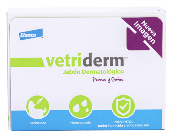 Vetriderm Jabón Dermatológico para Perro y Gato, con ingredientes naturales activos contenidos que se liberan en el momento requerido.