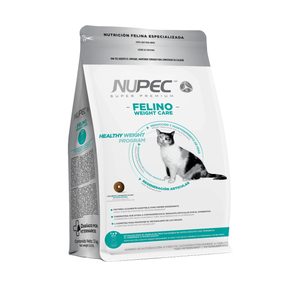 NUPEC FELINO WEIGHT CARE balanceado para gatos a partir de un año, auxiliar en el tratamiento y prevención del sobrepeso u obesidad.