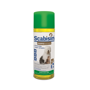 Scabisin Shampoo Antiparasitario externo y acondicionador del pelo, con aroma agradable y efecto residual hasta cuando menos 8 días.